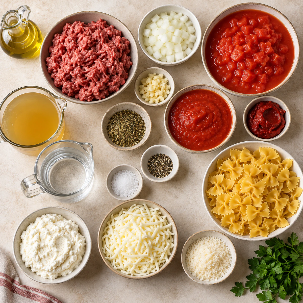 Exact measured ingredients for Lasagna Soup with Cheesy Goodness