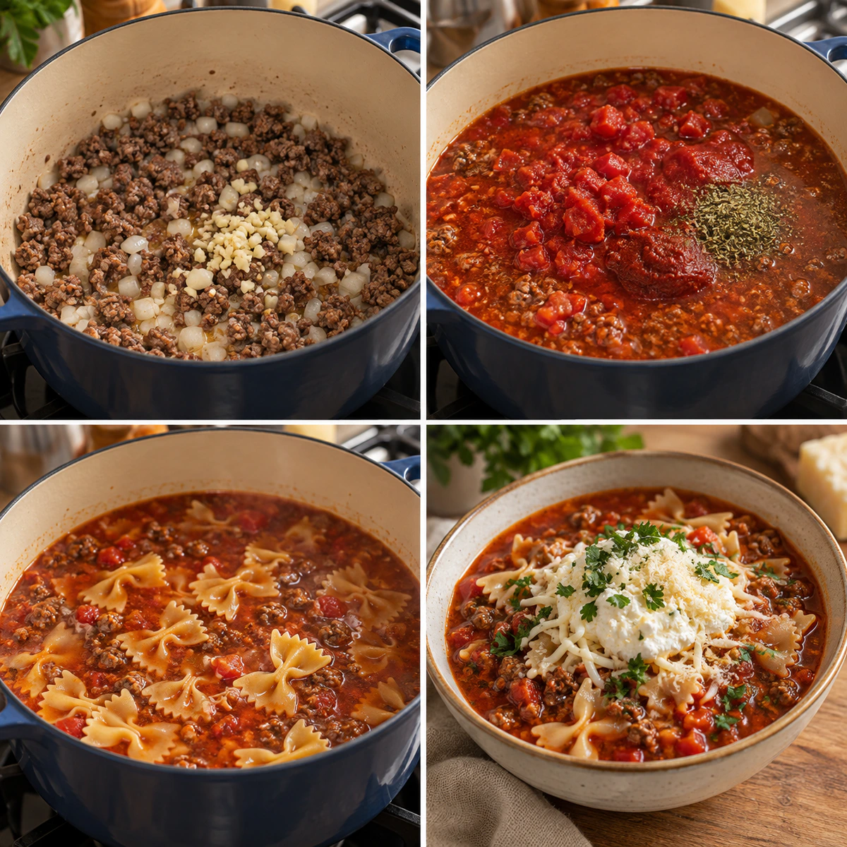 Four chronological preparation stages for Lasagna Soup with Cheesy Goodness