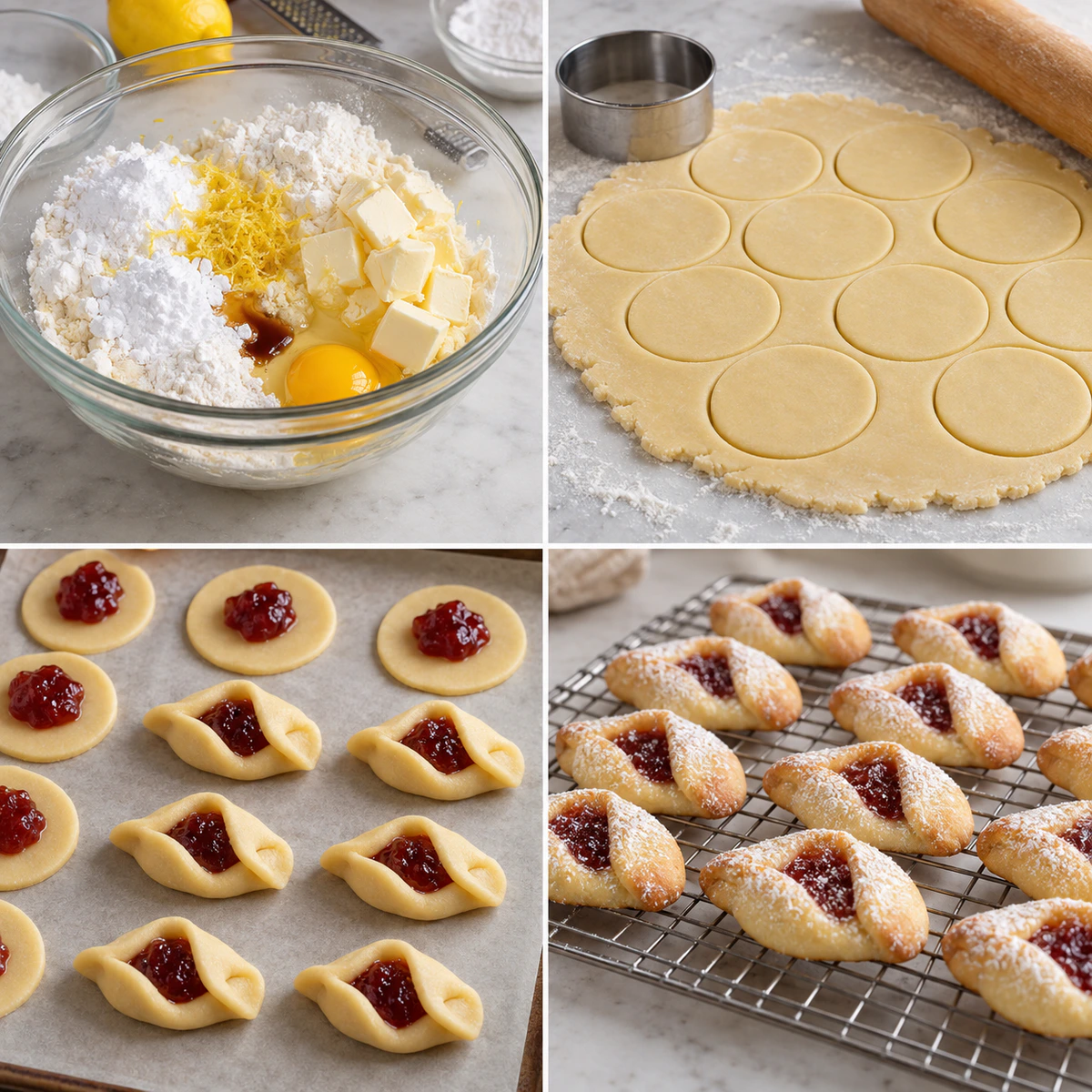 Four chronological preparation stages for Pizzicati (Italian Pinch Cookies)