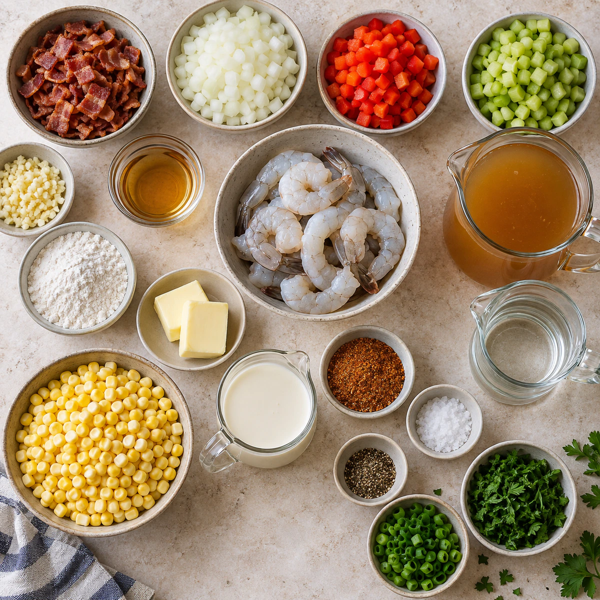 Exact measured ingredients for New Orleans Shrimp & Corn Bisque