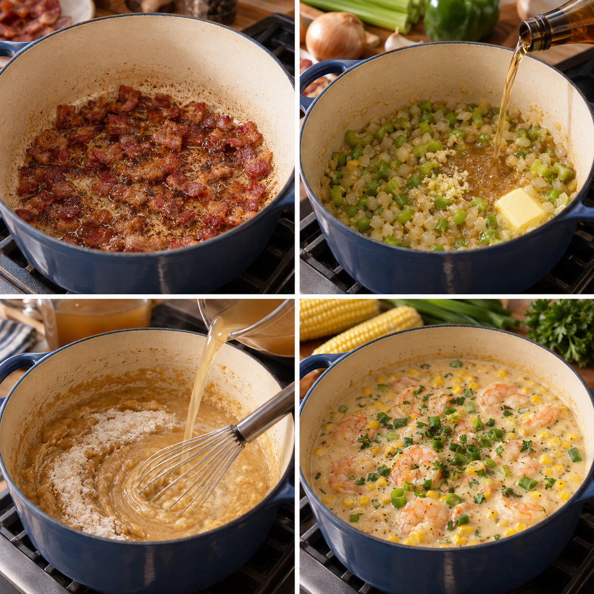 Four chronological preparation stages for New Orleans Shrimp & Corn Bisque