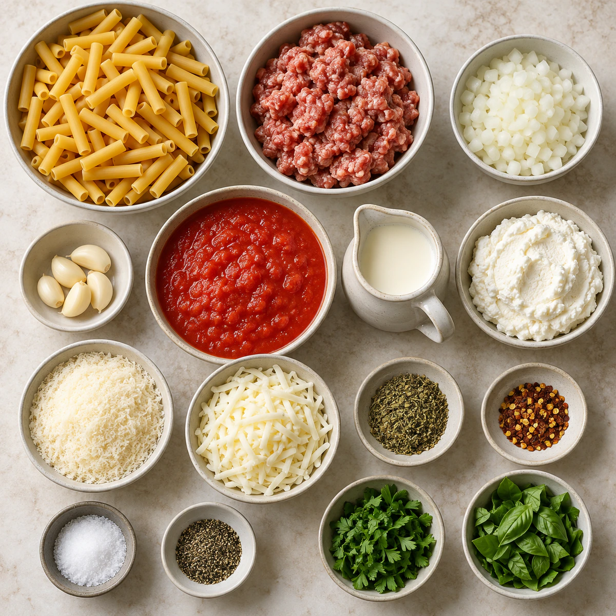 Exact measured ingredients for Baked Ziti