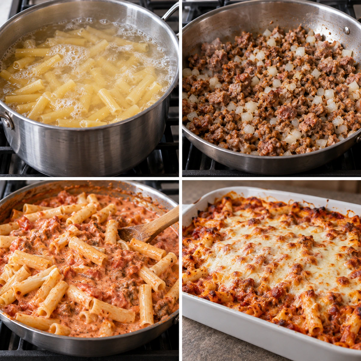 Four chronological preparation stages for Baked Ziti