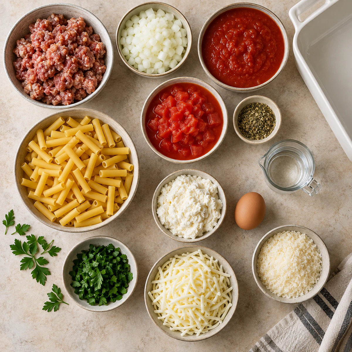 Exact measured ingredients for Baked Ziti with Sausage & Ricotta