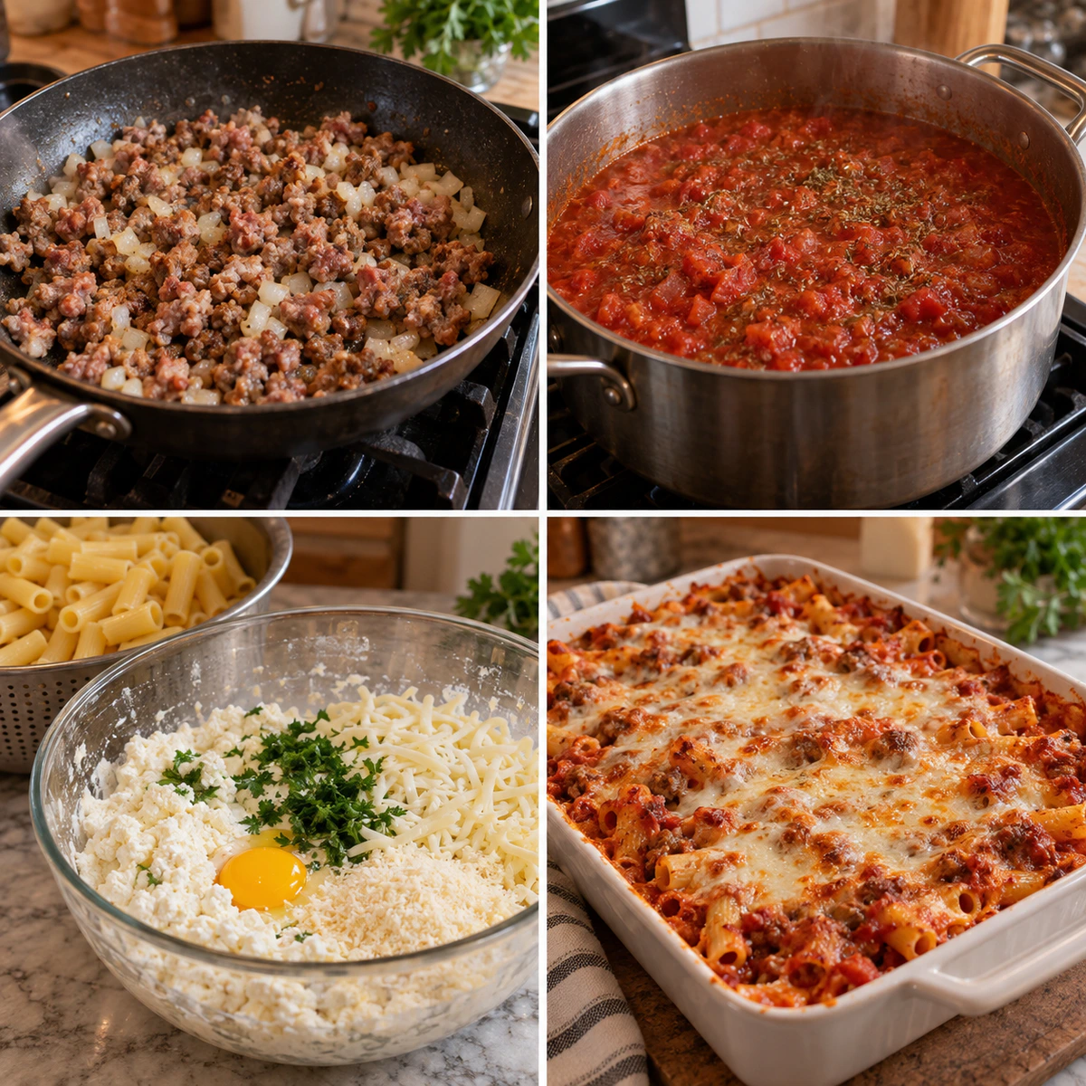 Four chronological preparation stages for Baked Ziti with Sausage & Ricotta
