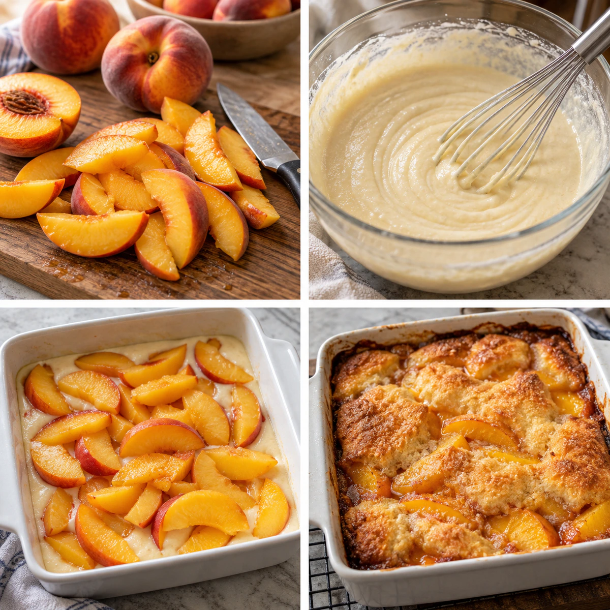 Four chronological preparation stages for Peach Cobbler