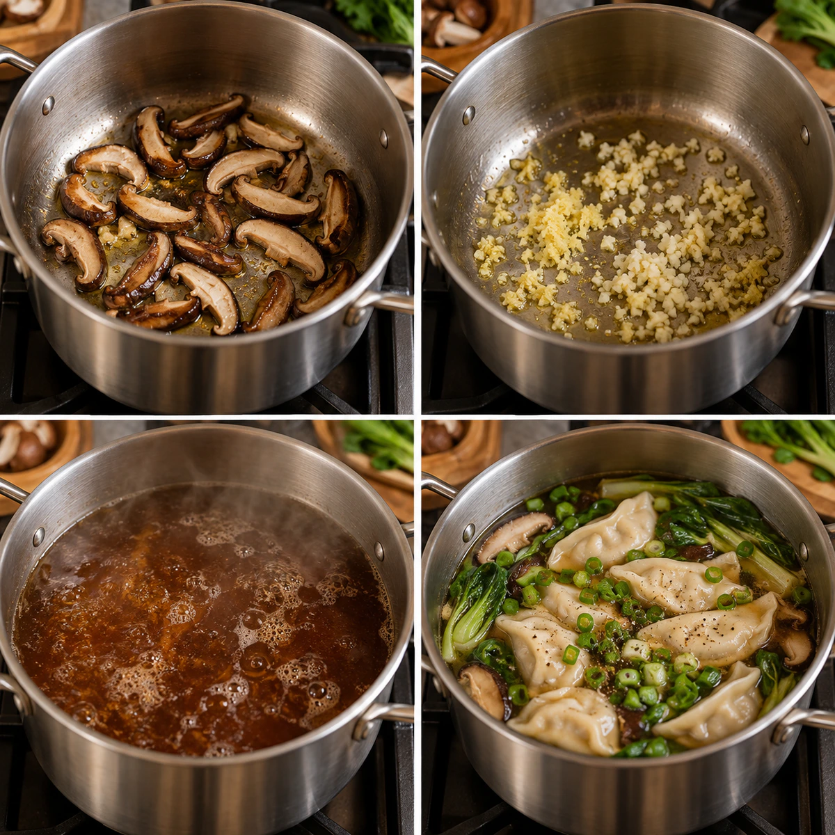 Four chronological preparation stages for Potsticker Soup