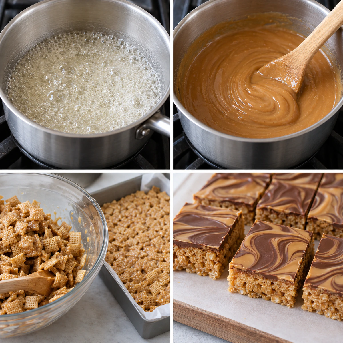 Four chronological preparation stages for Chex Scotcheroos