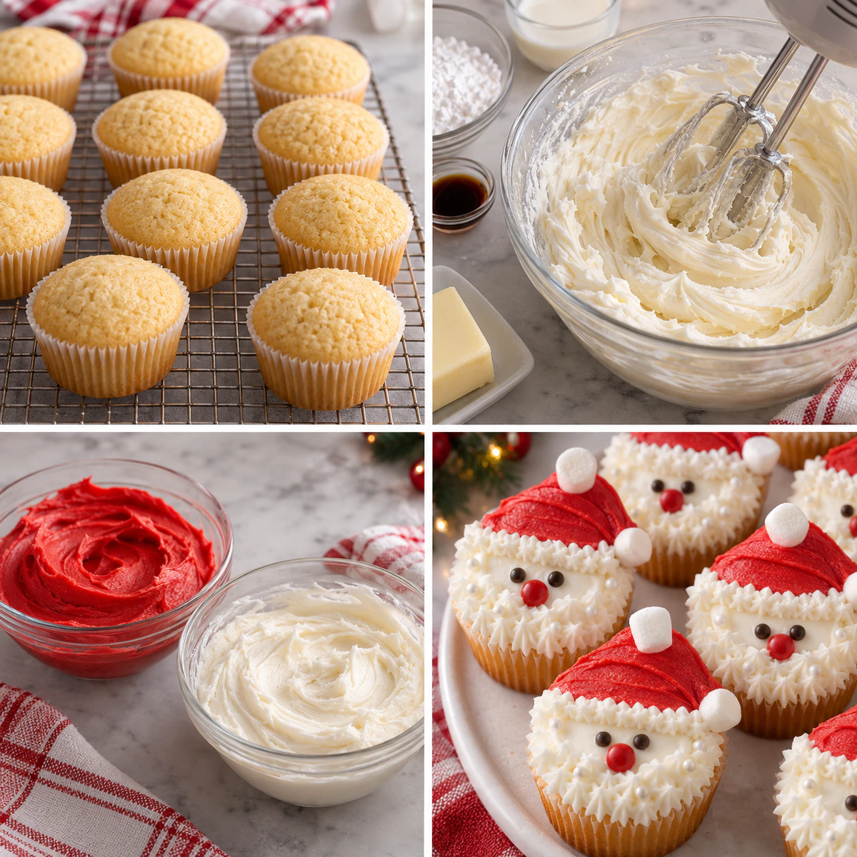 Four chronological preparation stages for Christmas Santa Face Cupcakes
