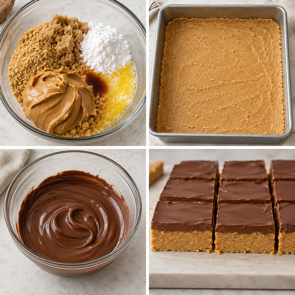 Four chronological preparation stages for Reese's Peanut Butter No-Bake Bars