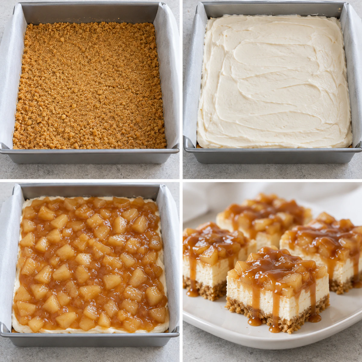 Four chronological preparation stages for Salted Caramel Apple Cheesecake Squares