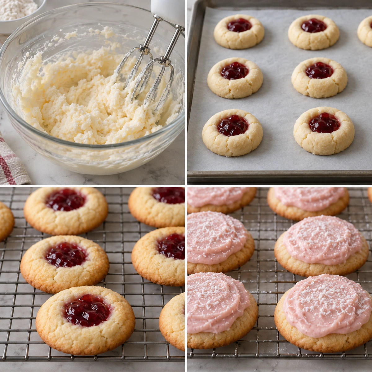 Four chronological preparation stages for Strawberry Frosted Cherry Cookies