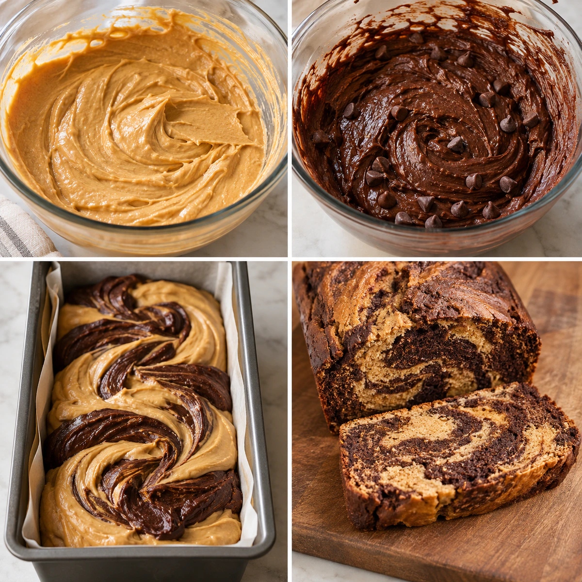 Four chronological preparation stages for Chocolate Peanut Butter Swirl Bread