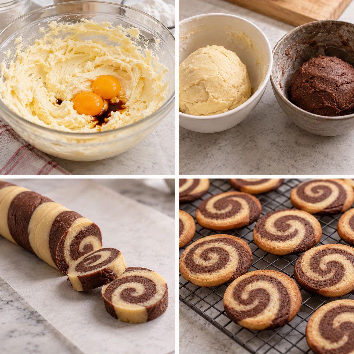Four chronological preparation stages for Christmas Butter Swirl Cookies