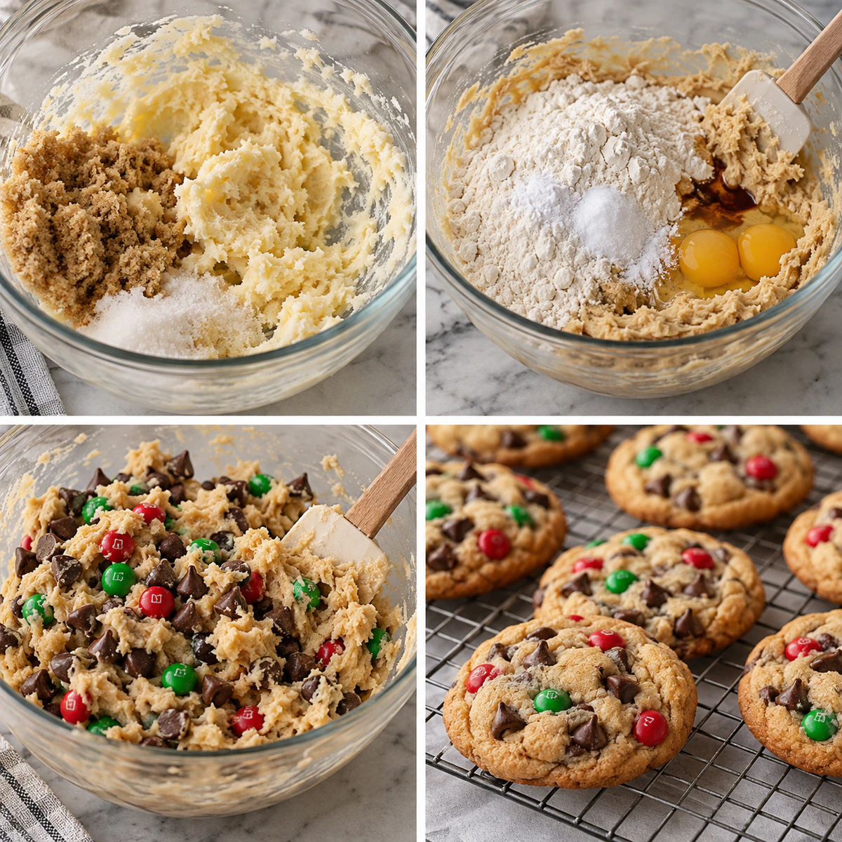Four chronological preparation stages for Christmas Chocolate Chip Cookies