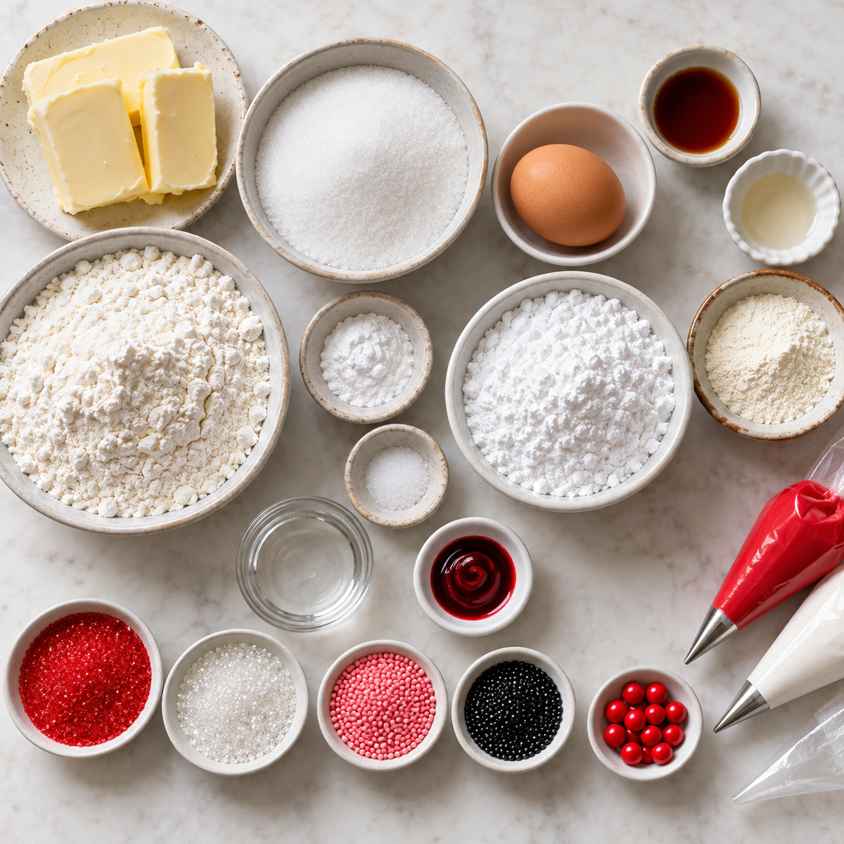 Exact measured ingredients for Christmas Santa Suit Sugar Cookie Cutouts