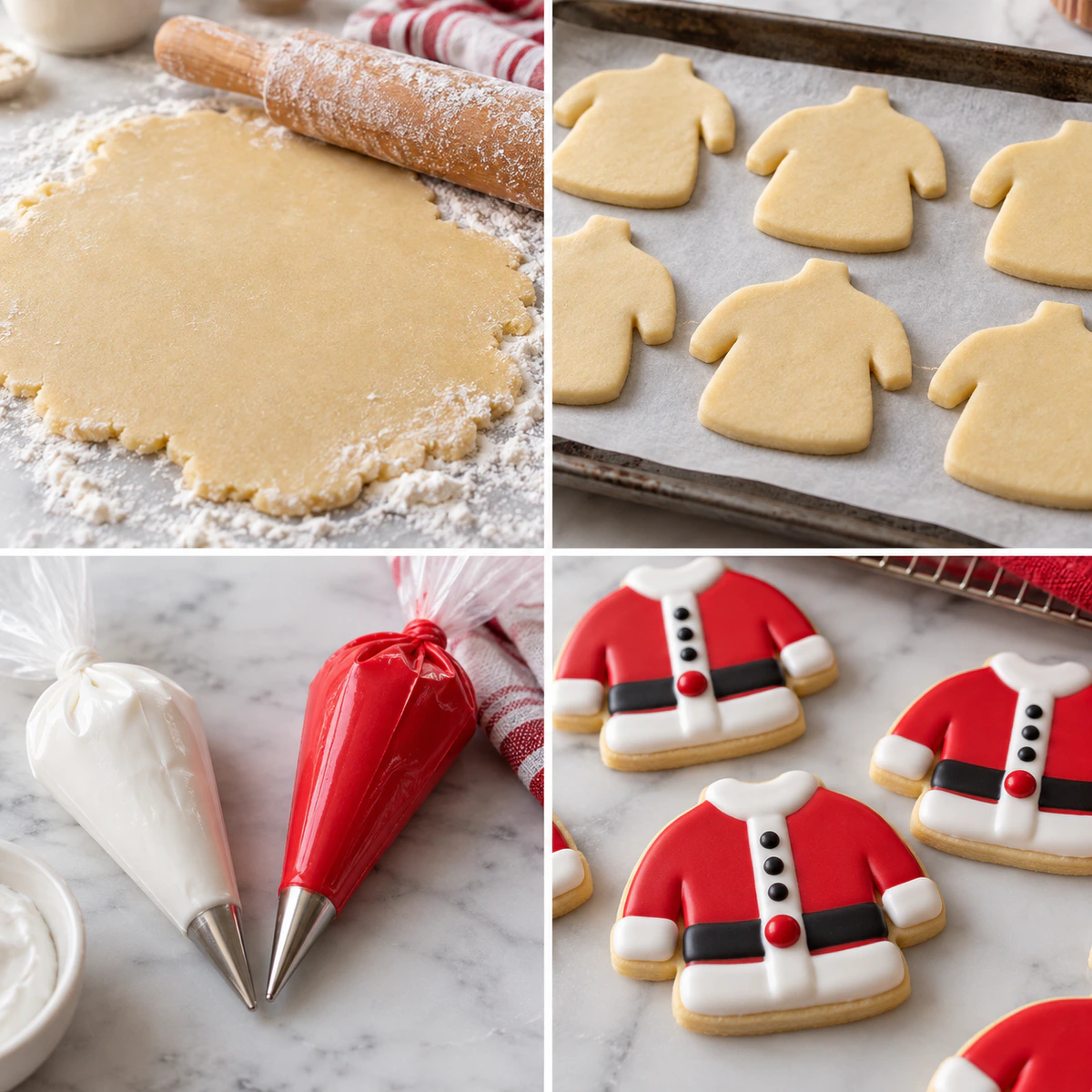 Four chronological preparation stages for Christmas Santa Suit Sugar Cookie Cutouts
