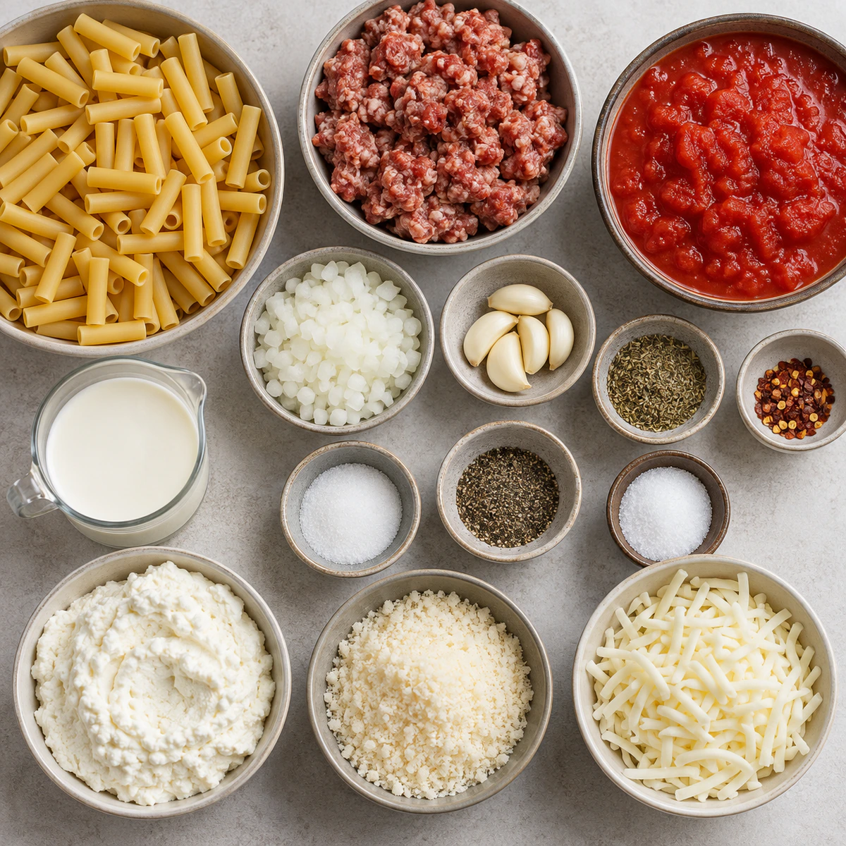 Exact measured ingredients for Cheesy Baked Ziti Delight