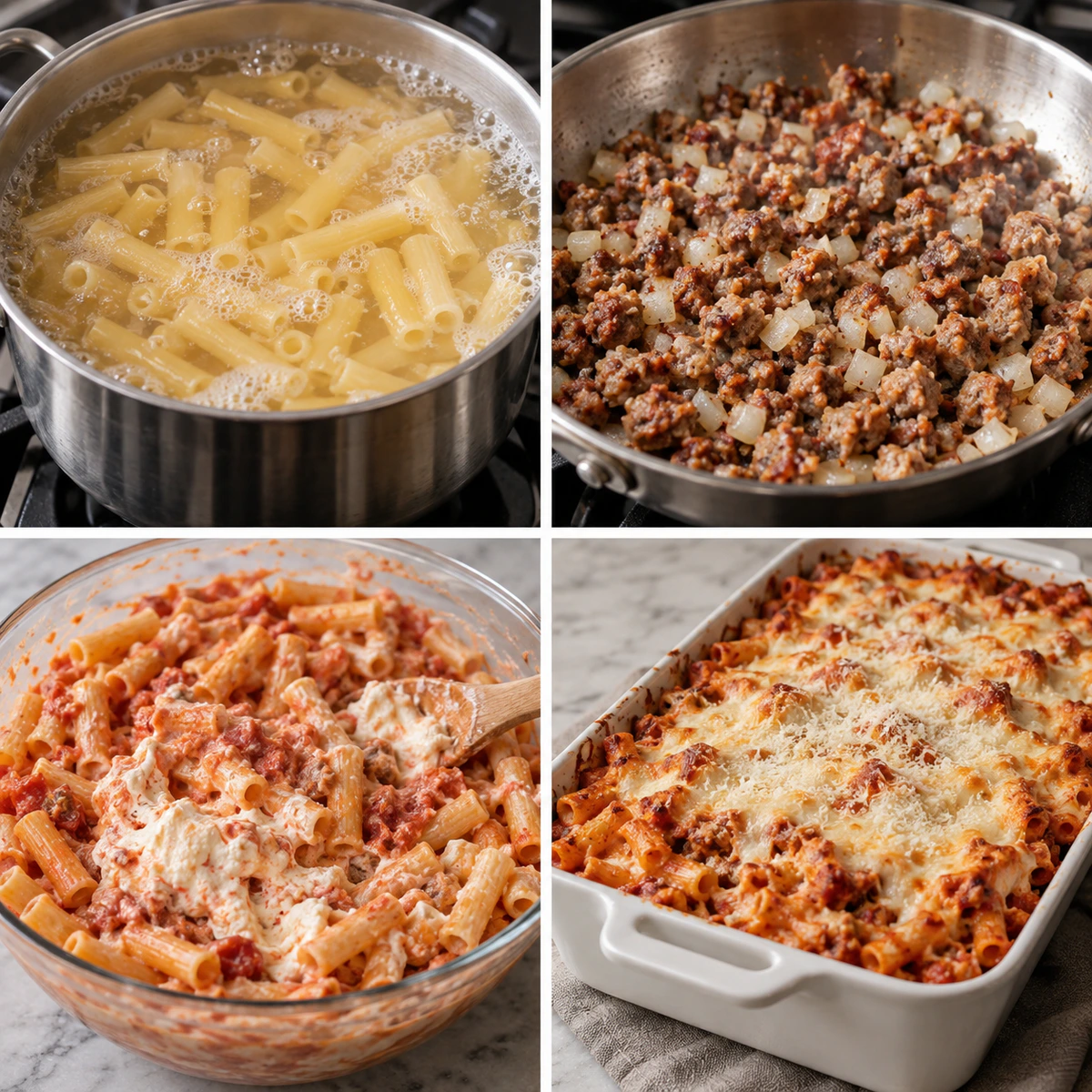 Four chronological preparation stages for Cheesy Baked Ziti Delight