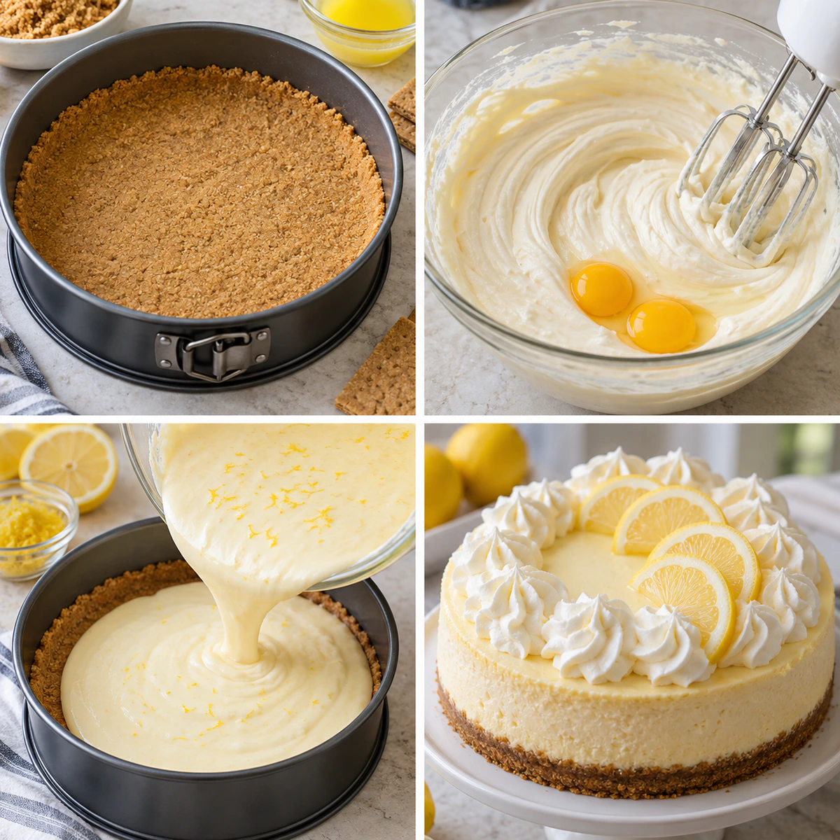 Four chronological preparation stages for Luscious Lemon Cheesecake