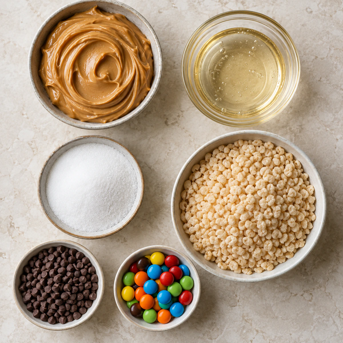 Exact measured ingredients for Peanut Butter Rice Krispie Treats with M&M's and Chocolate Chips