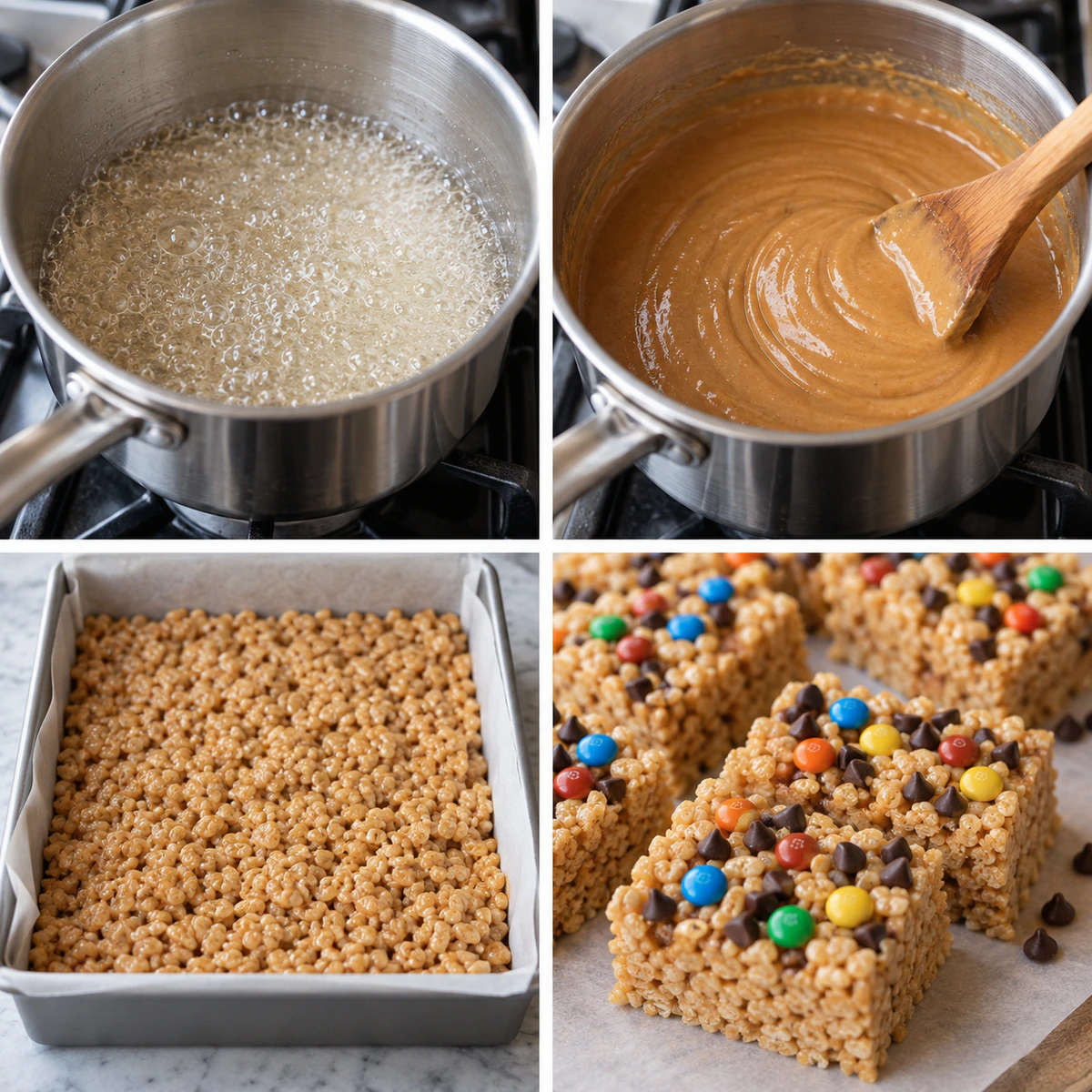 Four chronological preparation stages for Peanut Butter Rice Krispie Treats with M&M's and Chocolate Chips
