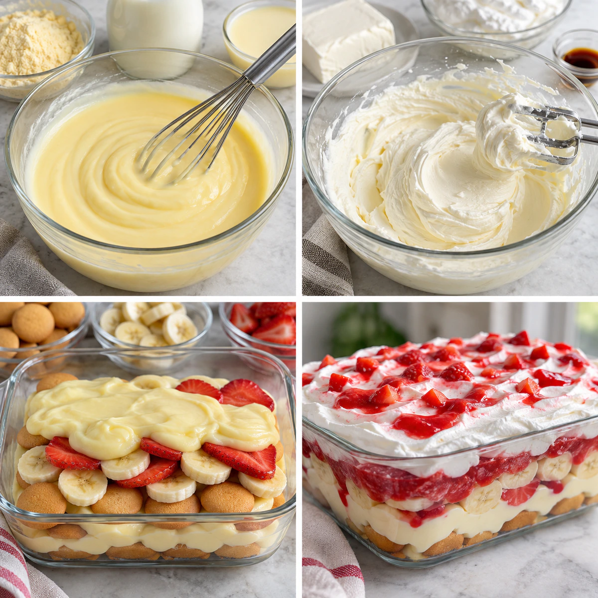 Four chronological preparation stages for Strawberry Cheesecake Banana Pudding