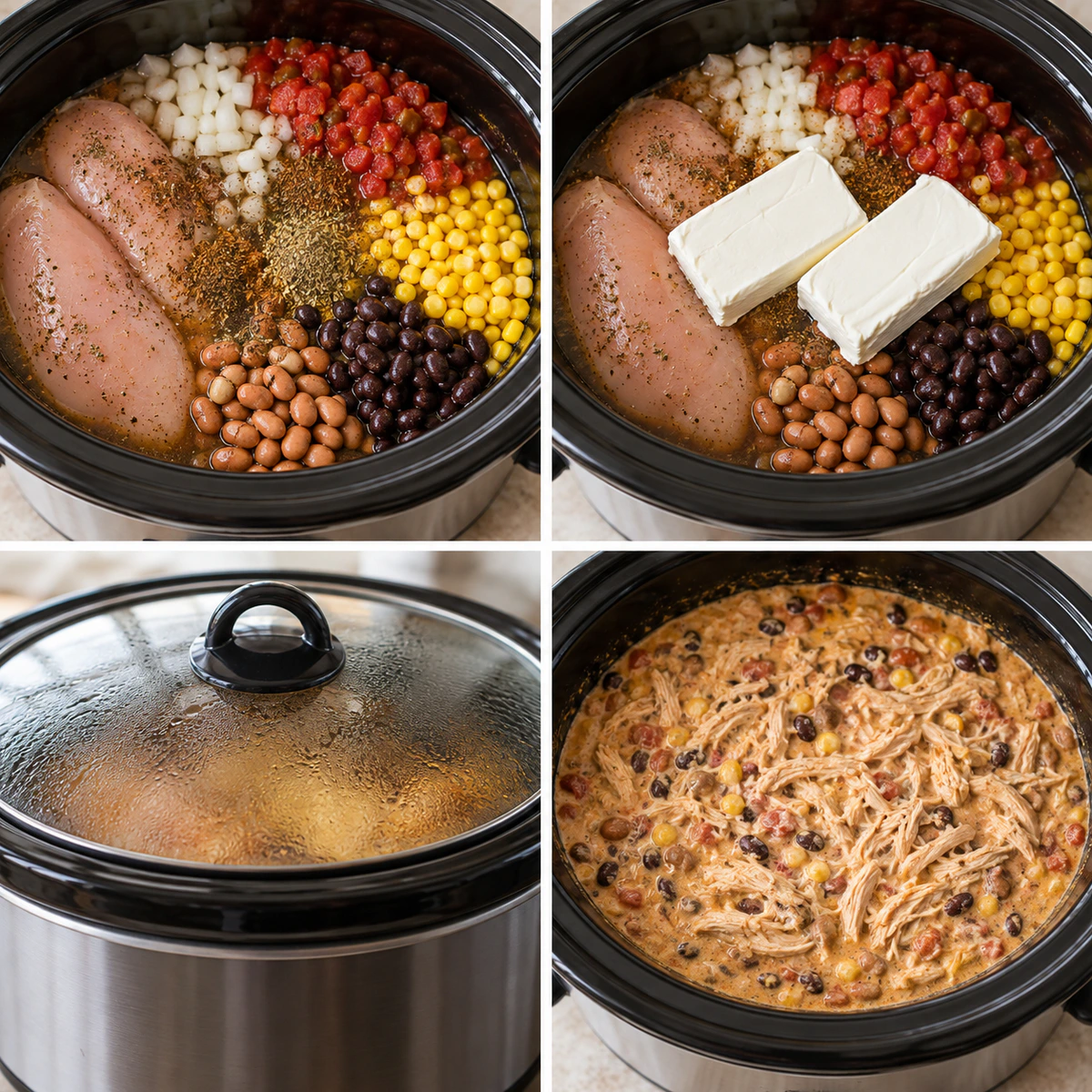 Four chronological preparation stages for Best Chicken Chili Ever