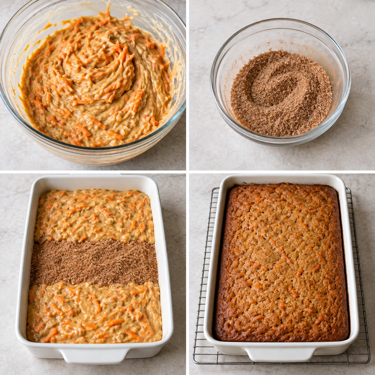 Four chronological preparation stages for Carrot Cake Honey Bun