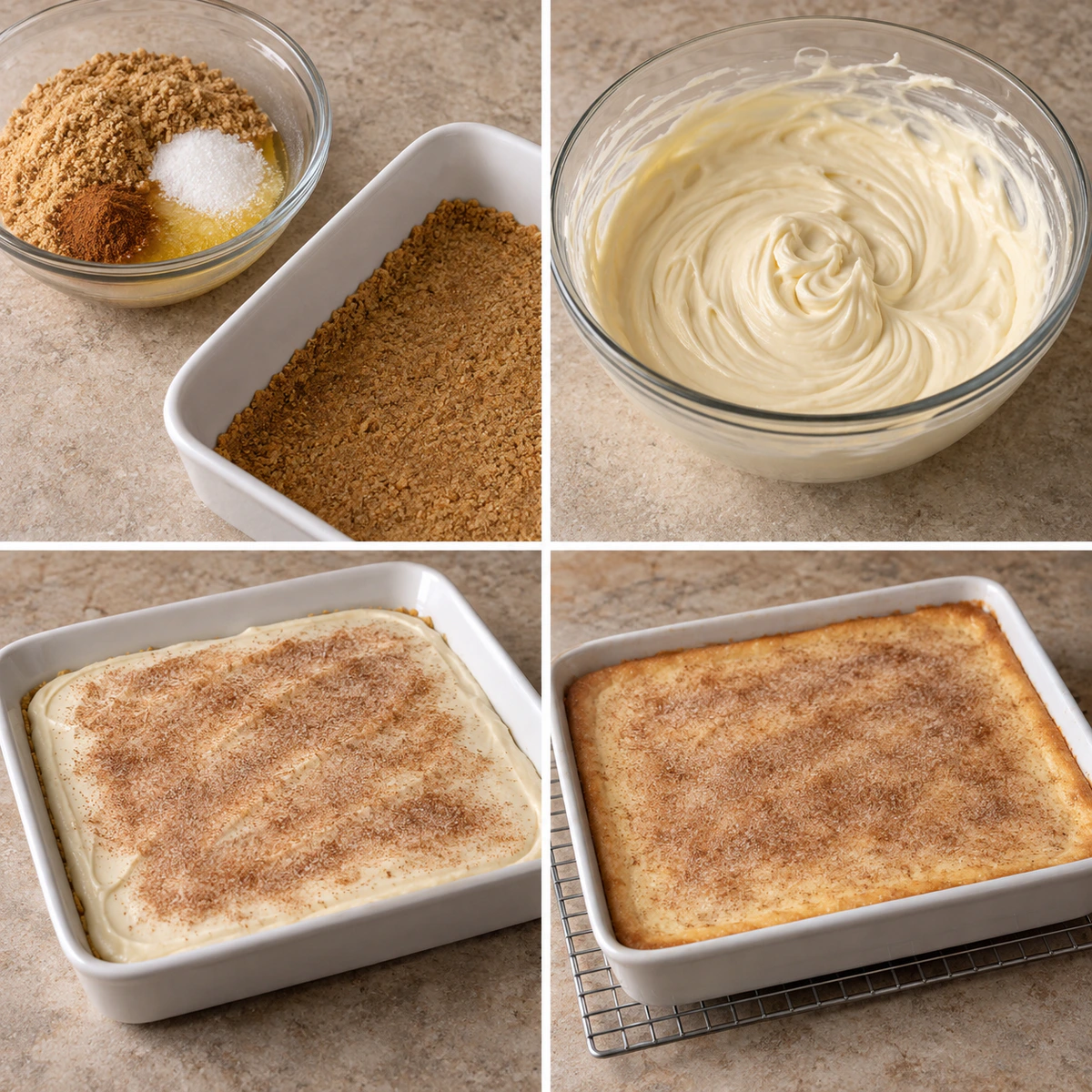 Four chronological preparation stages for Cinnamon Churro Cheesecake Bars