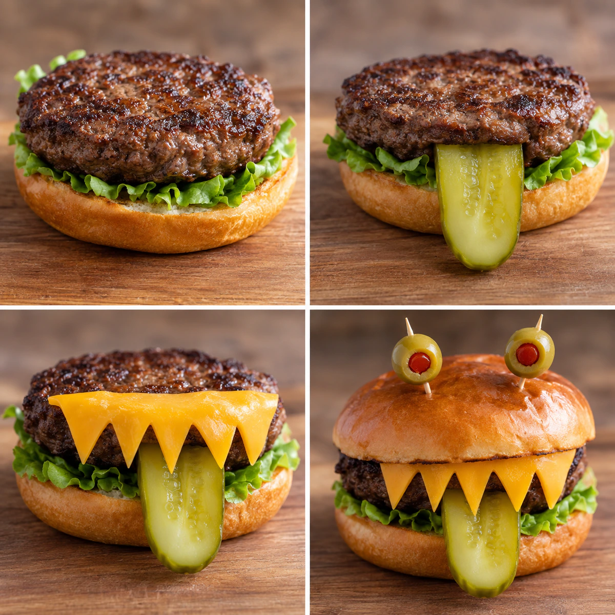 Four chronological preparation stages for Monster Burgers for Halloween