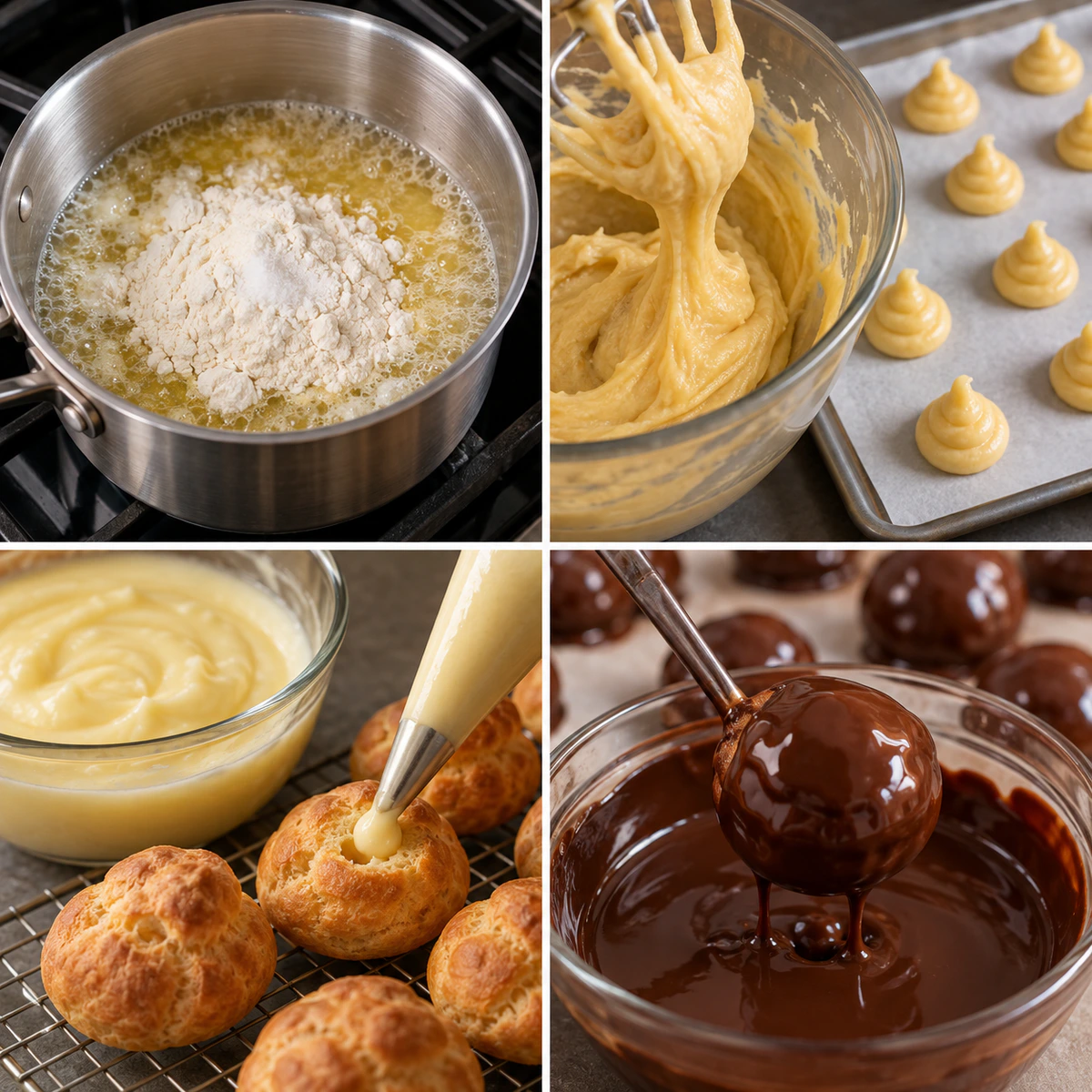Four chronological preparation stages for Chocolate-Covered Banana Pudding Stuffed Puffs