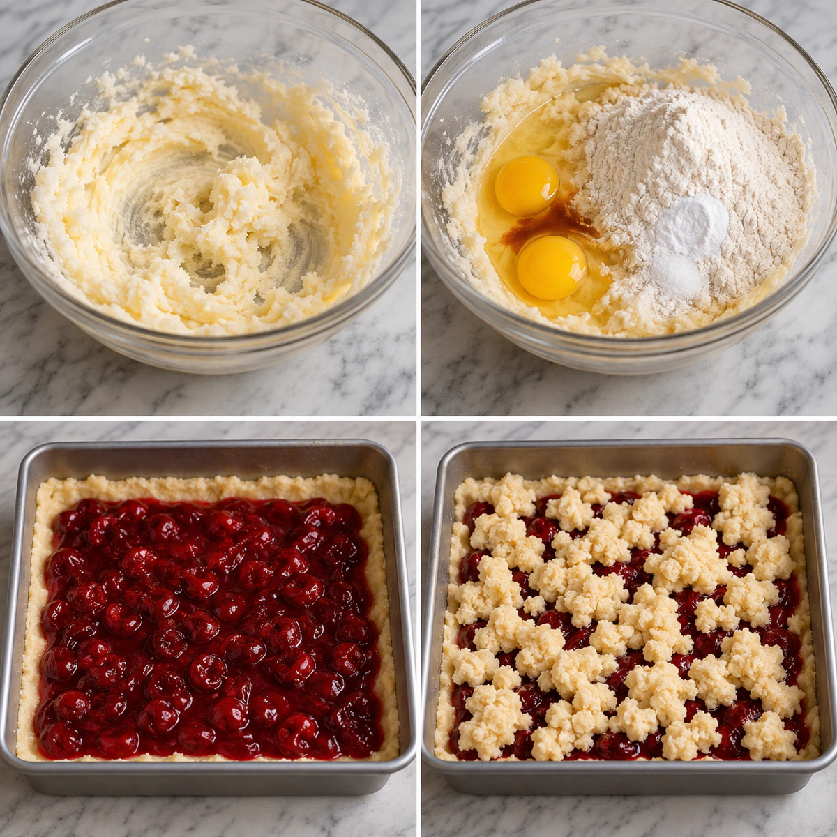 Four chronological preparation stages for Christmas Cherry Bars