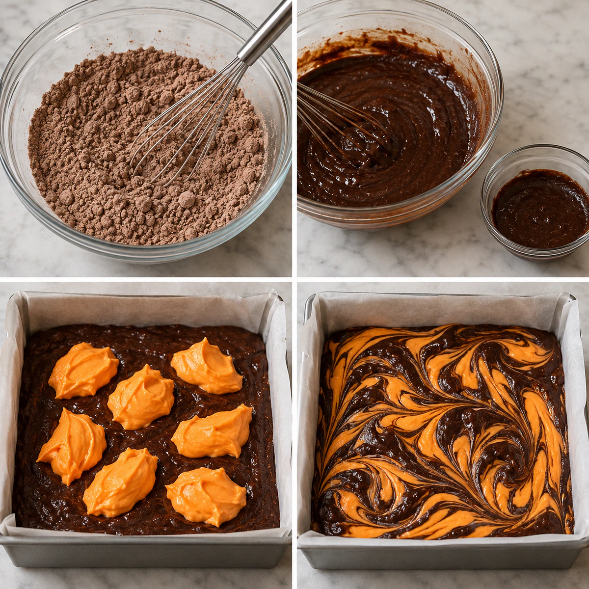 Four chronological preparation stages for Halloween Cream Cheese Swirl Brownies