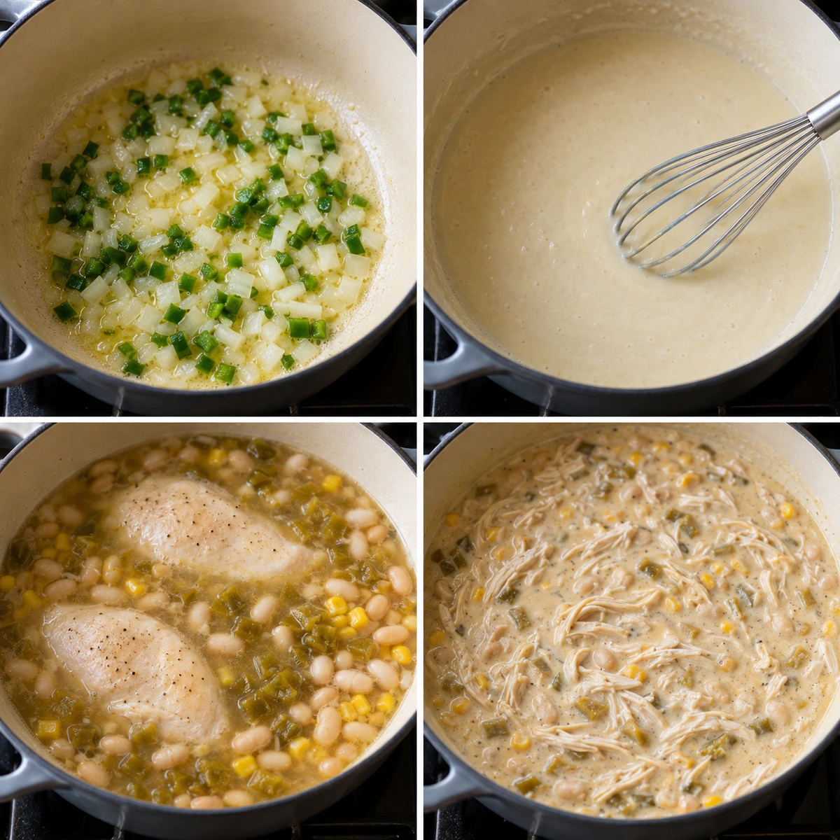 Four chronological preparation stages for White Chicken Chili