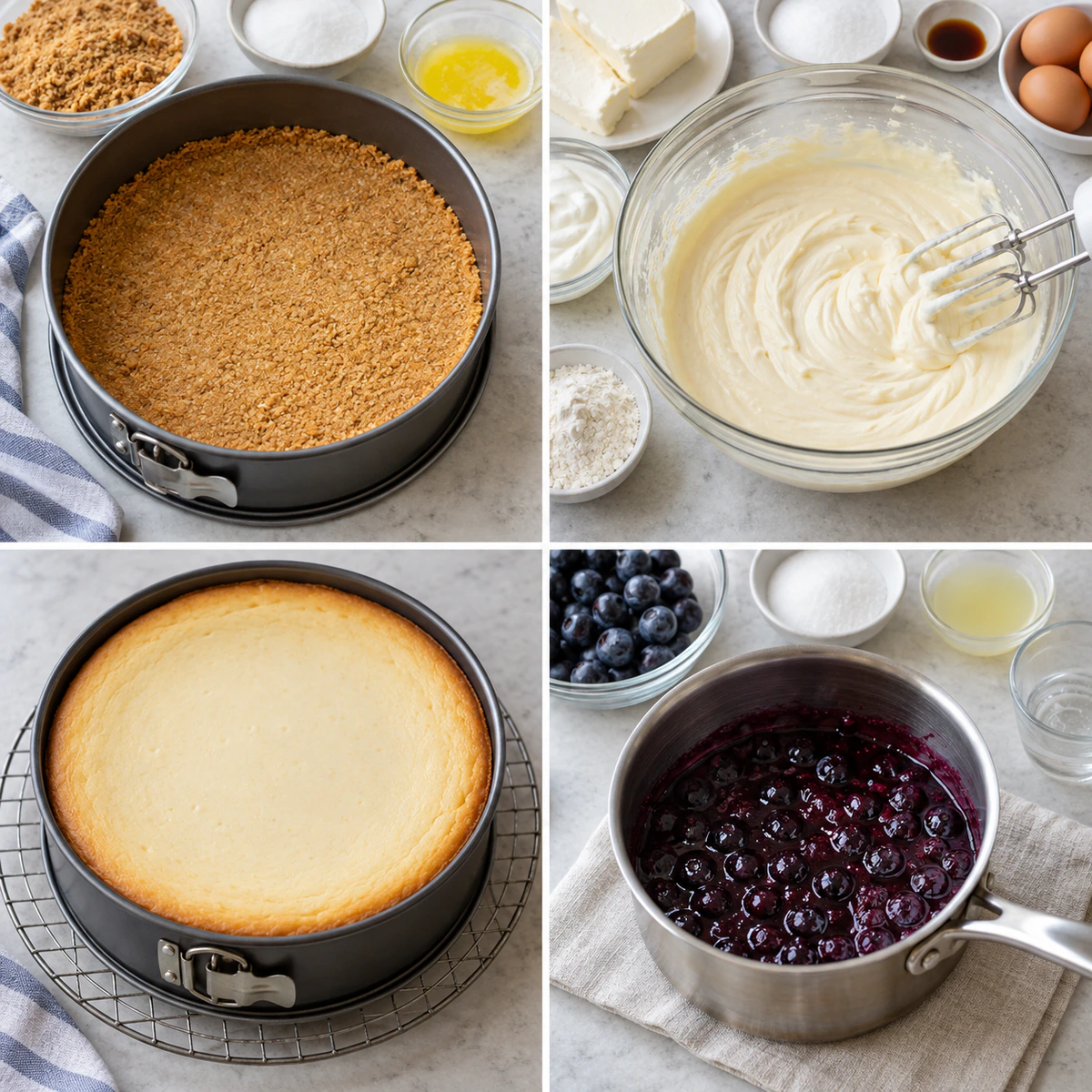 Four chronological preparation stages for Blueberry Compote Cheesecake