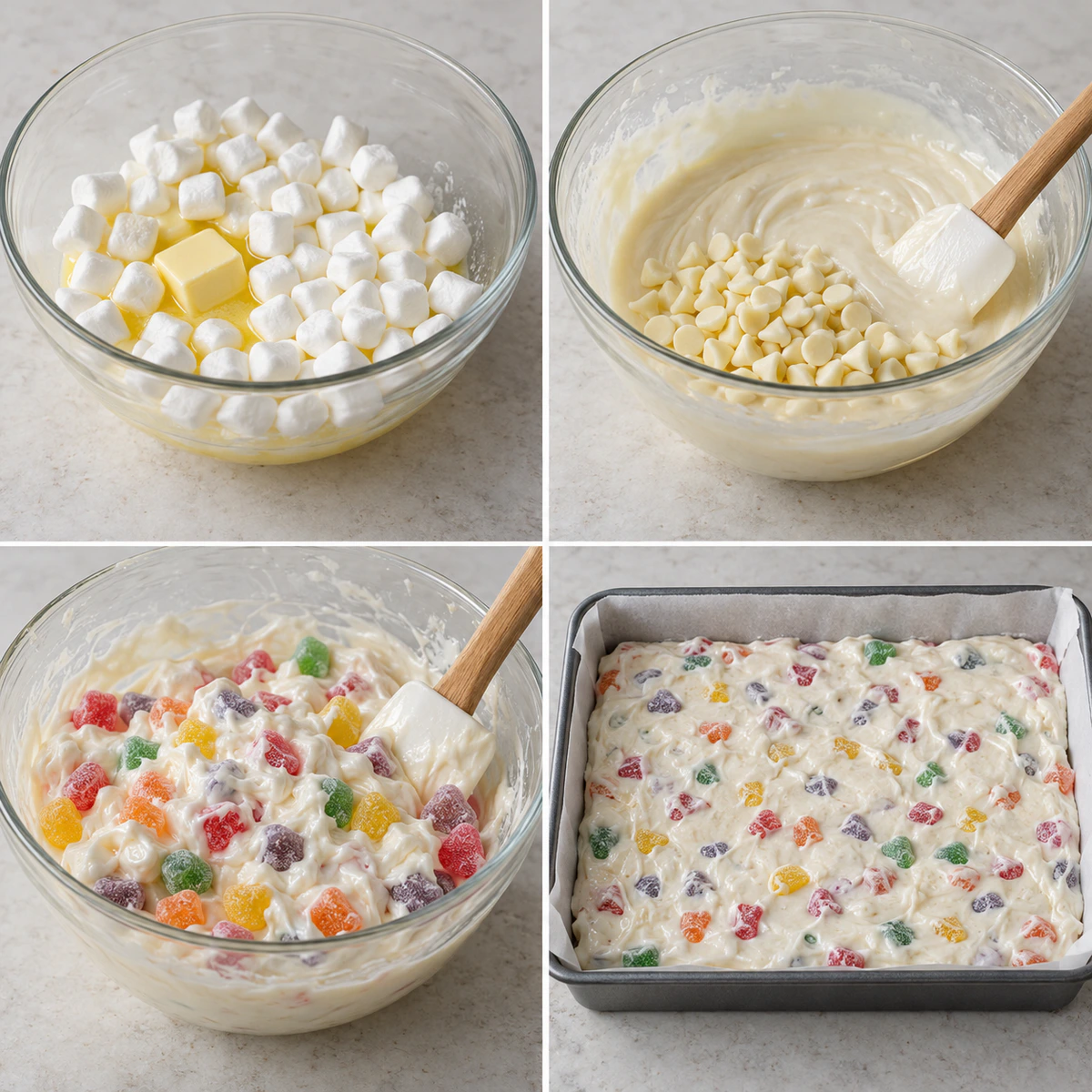 Four chronological preparation stages for Old-Fashioned Jelly Nougat Candy
