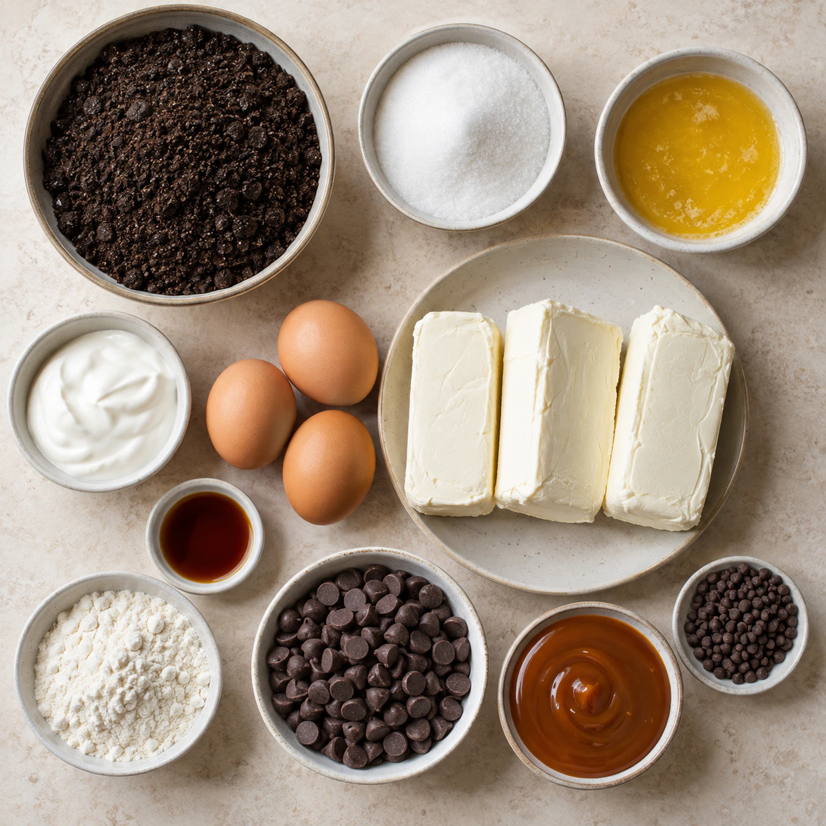 Exact measured ingredients for Salted Caramel Chocolate Chip Cheesecake