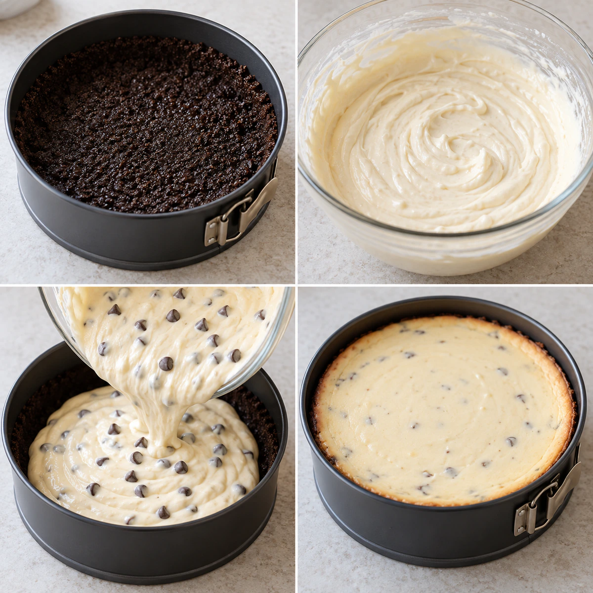 Four chronological preparation stages for Salted Caramel Chocolate Chip Cheesecake