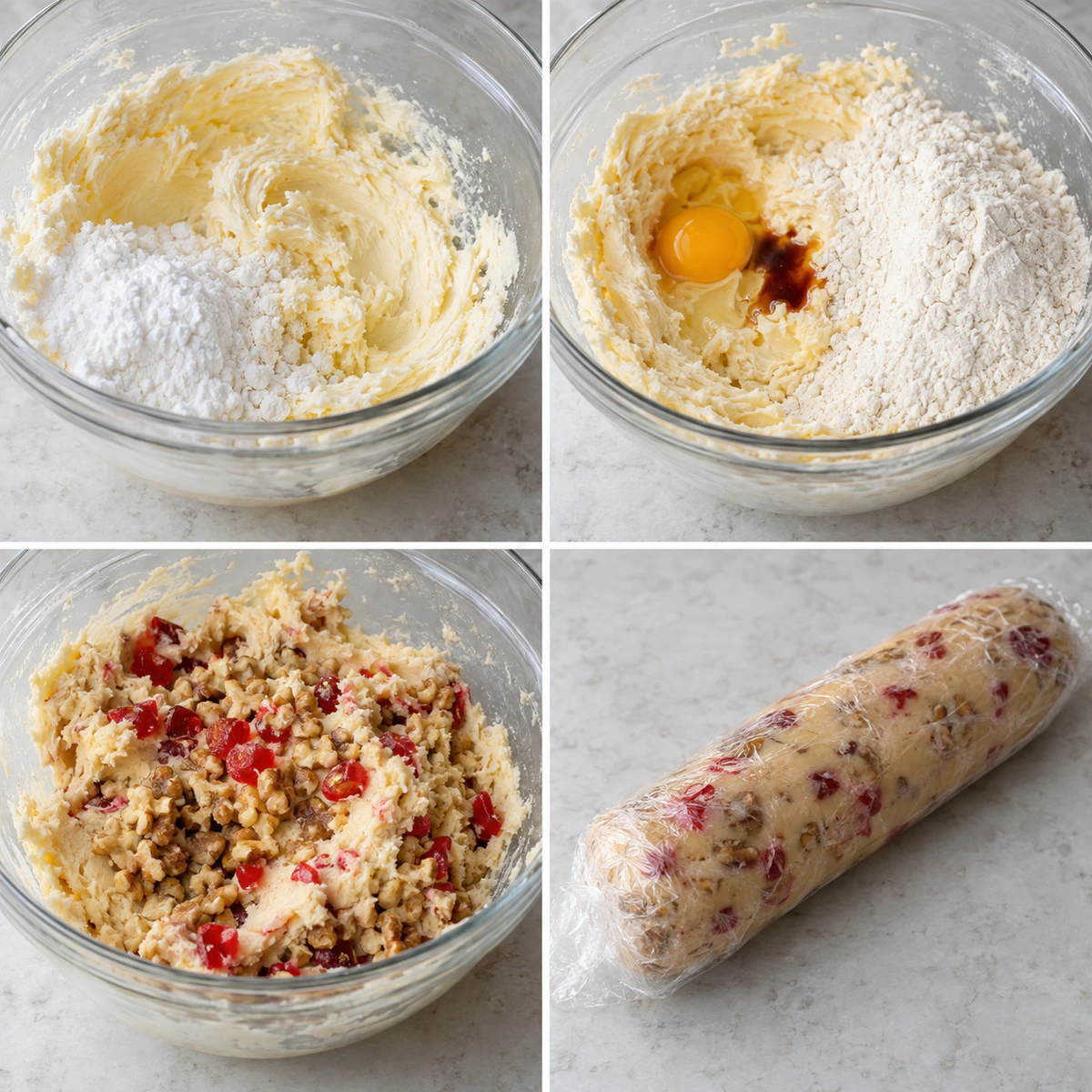 Four chronological preparation stages for Walnut Cherry Slices