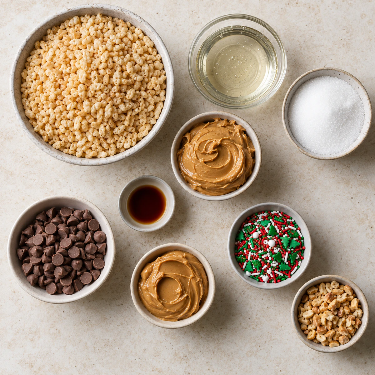 Exact measured ingredients for Christmas Peanut Butter Rice Cereal Squares