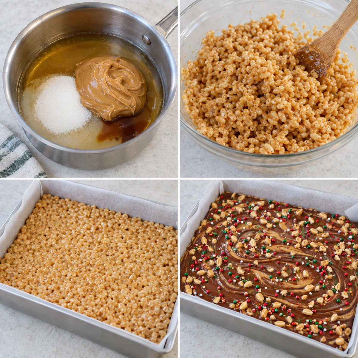 Four chronological preparation stages for Christmas Peanut Butter Rice Cereal Squares