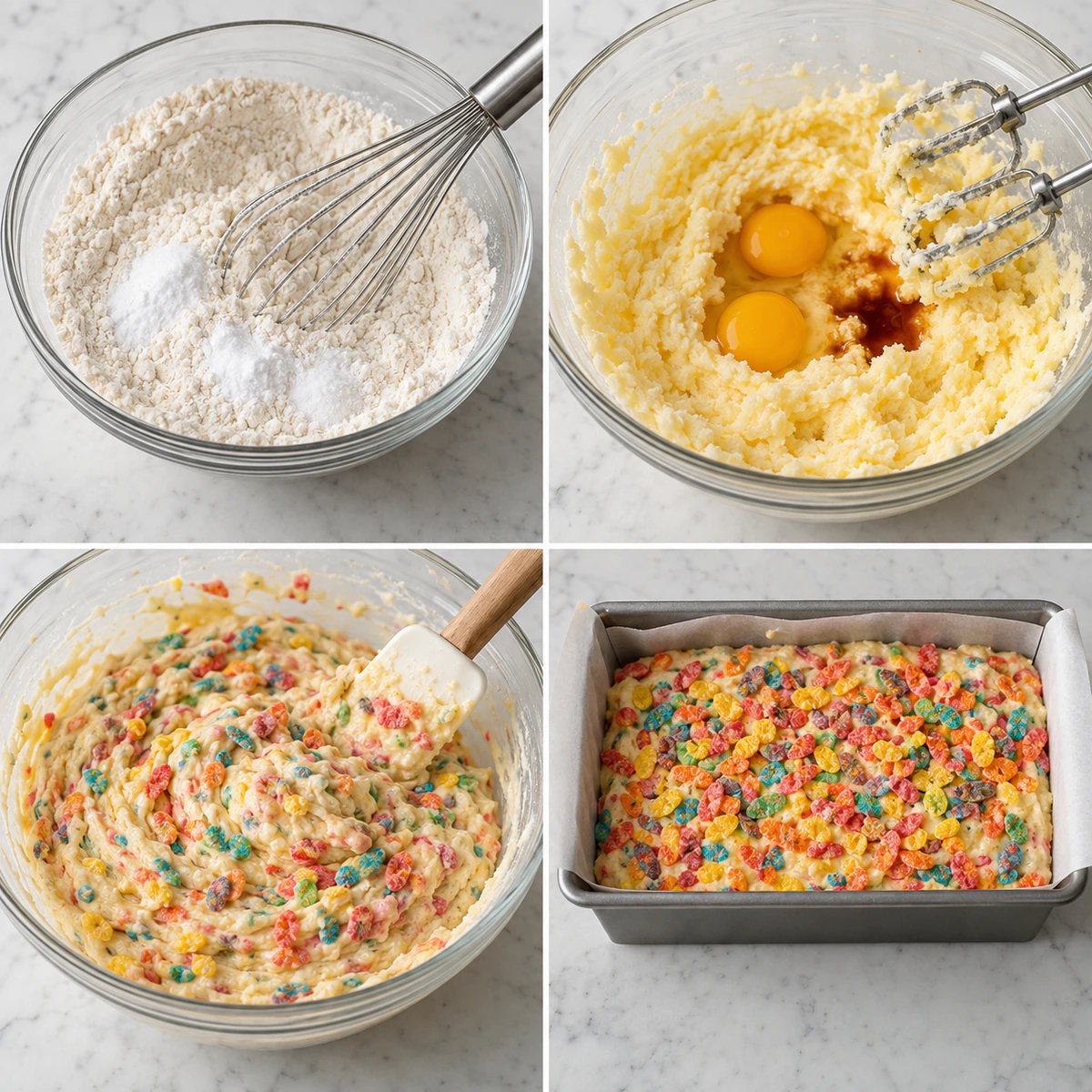 Four chronological preparation stages for Fruity Pebbles Breakfast Bread