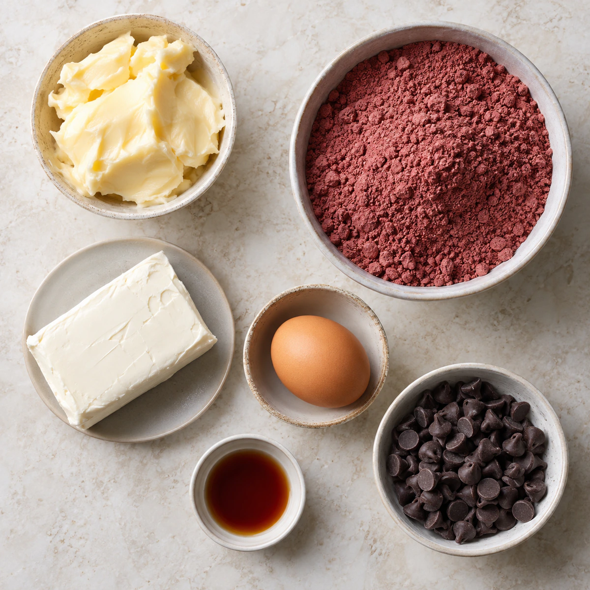 Exact measured ingredients for Red Velvet Gooey Butter Chocolate Chip Cookies