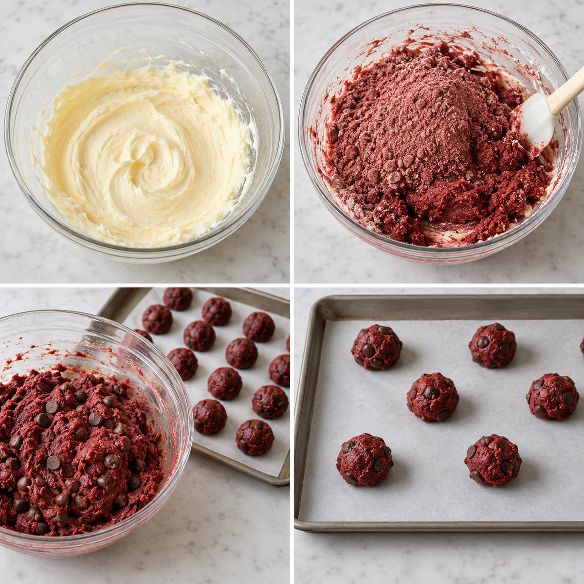 Four chronological preparation stages for Red Velvet Gooey Butter Chocolate Chip Cookies