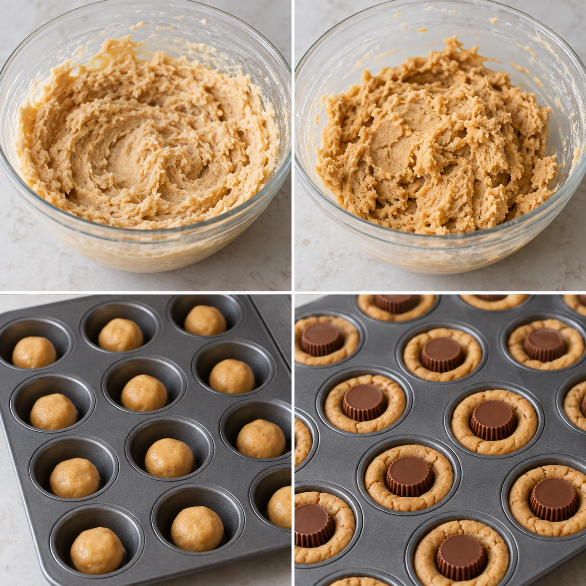 Four chronological preparation stages for Reese’s Peanut Butter Cup Cookies