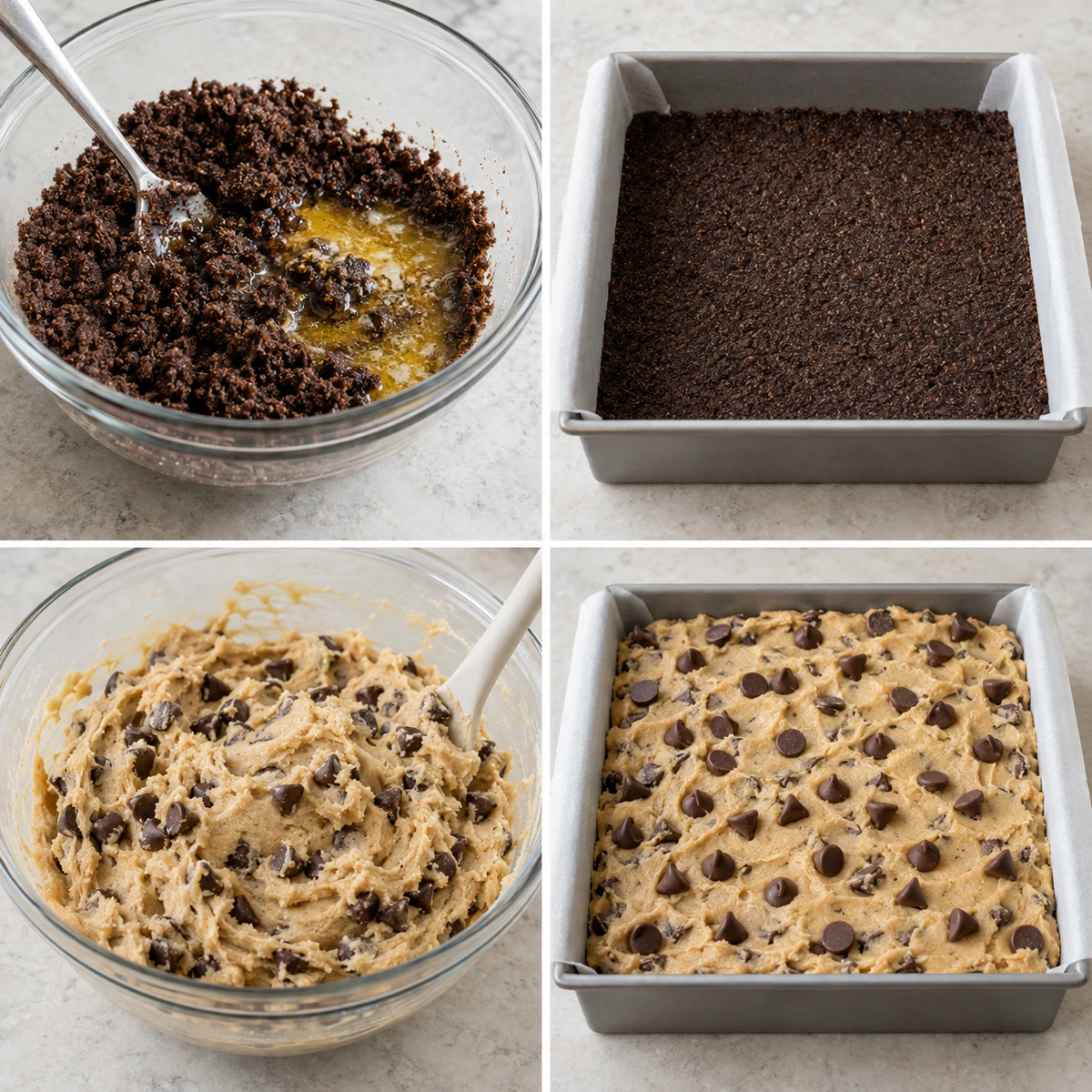Four chronological preparation stages for Chocolate Chip Cookie Dough Bars