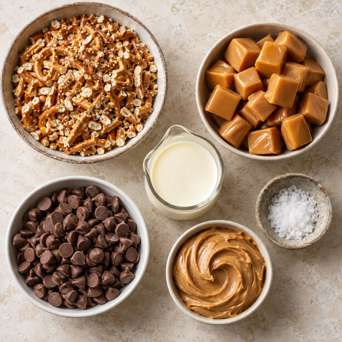 Exact measured ingredients for No-Bake Caramel Pretzel Crack Bars