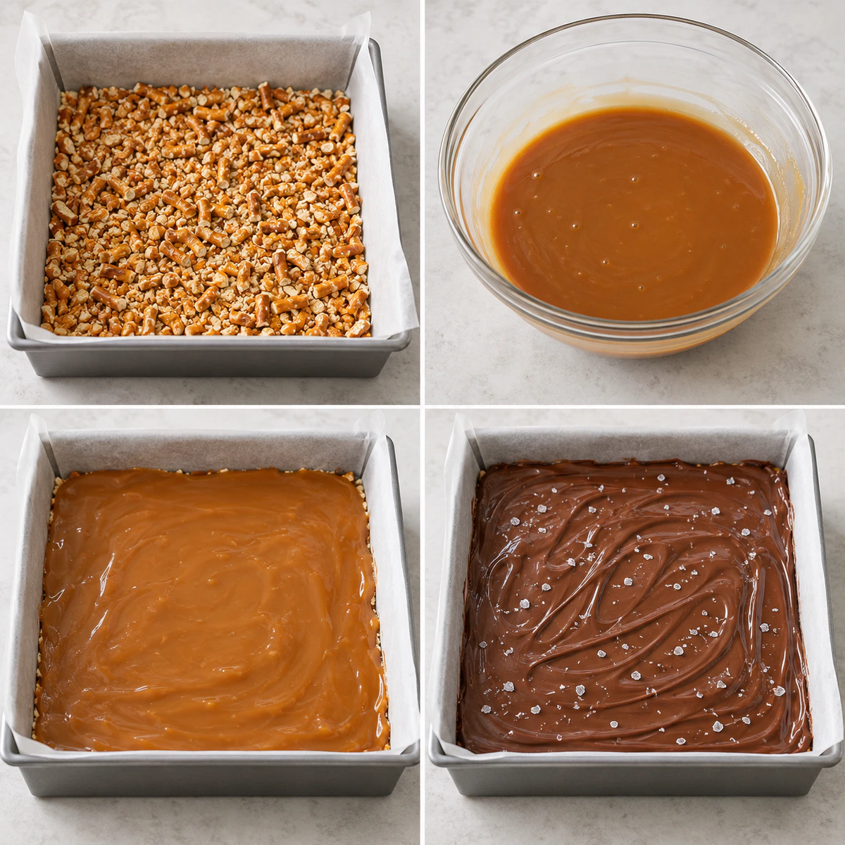 Four chronological preparation stages for No-Bake Caramel Pretzel Crack Bars
