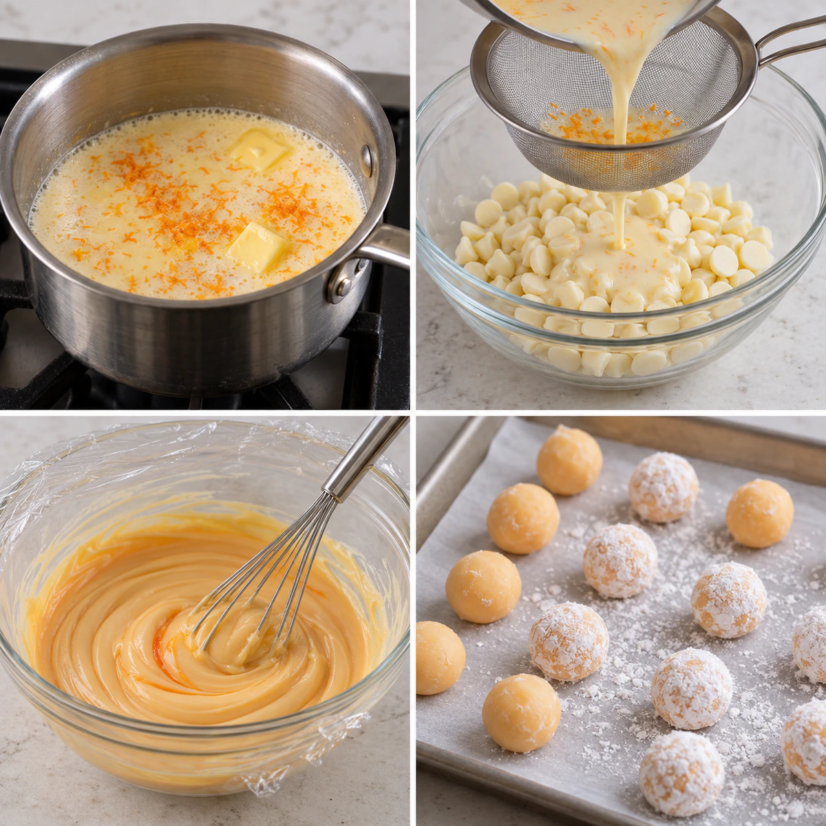 Four chronological preparation stages for Orange Creamsicle Truffles